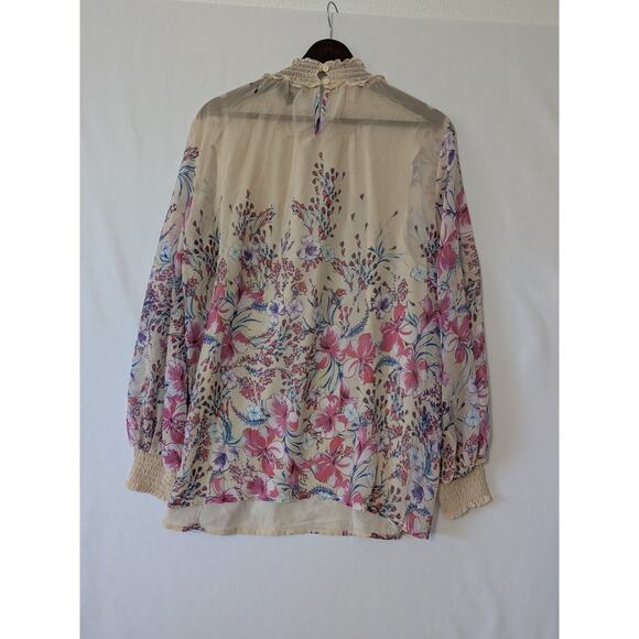 Suzanne Betro Ivory Floral Sheer Smock Neck Blouse Womens Size XL Lightweight - Picture 4 of 8
